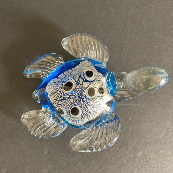 Art Glass Sea Turtle Blue And Silver Figurine Paperweight - Picture 2 of 7